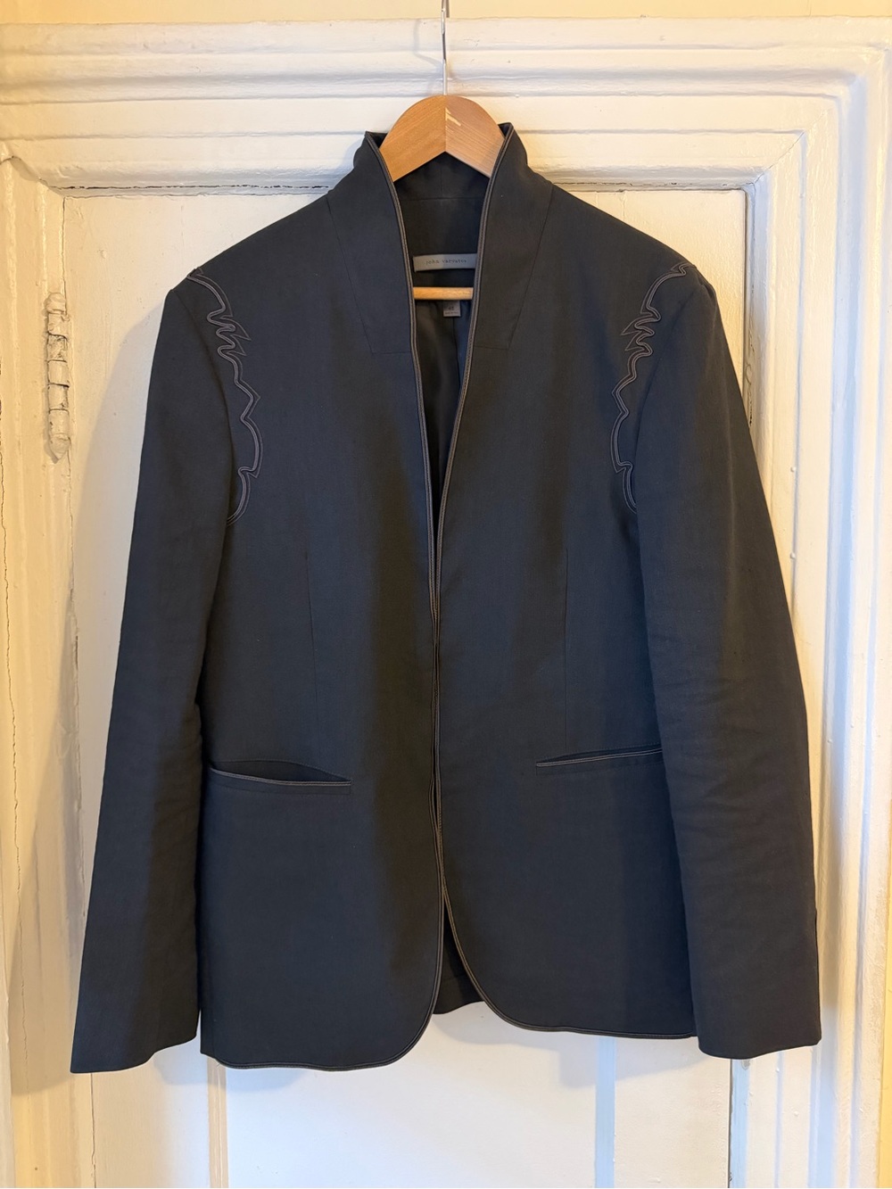 John Varvatos Collarless Black Blazer Bissell 100% Linen